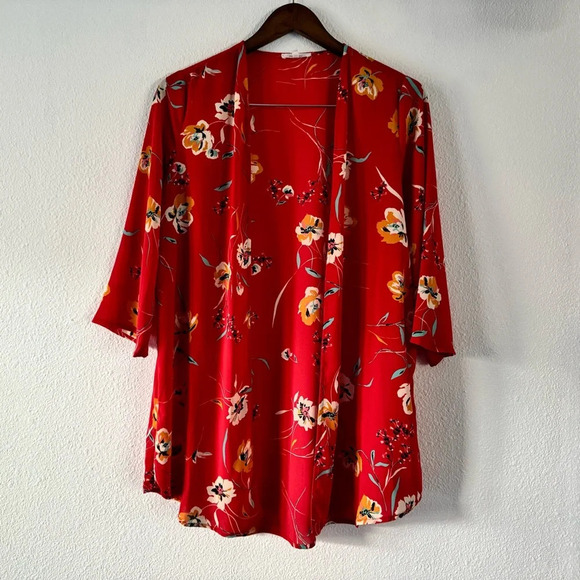 Maurice’s Kimono Flutter Open Front Floral Red Vibrant Womens Medium Breezy - Picture 11 of 11